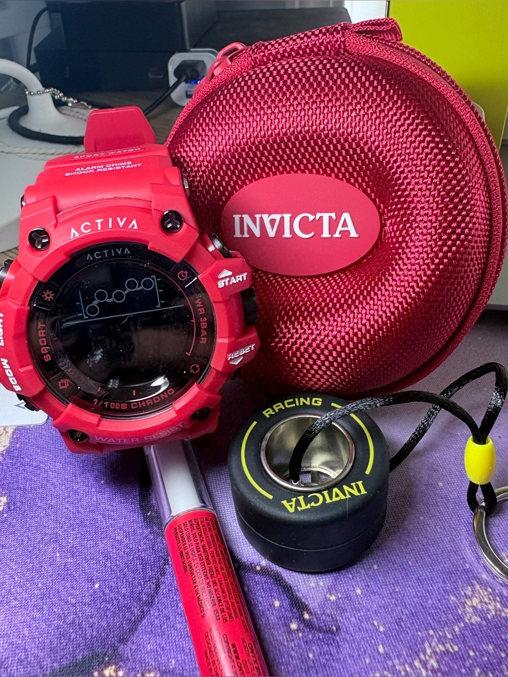 Invicta Activa Red Digital Sport Watch with Matching Red Case & wheel keychain